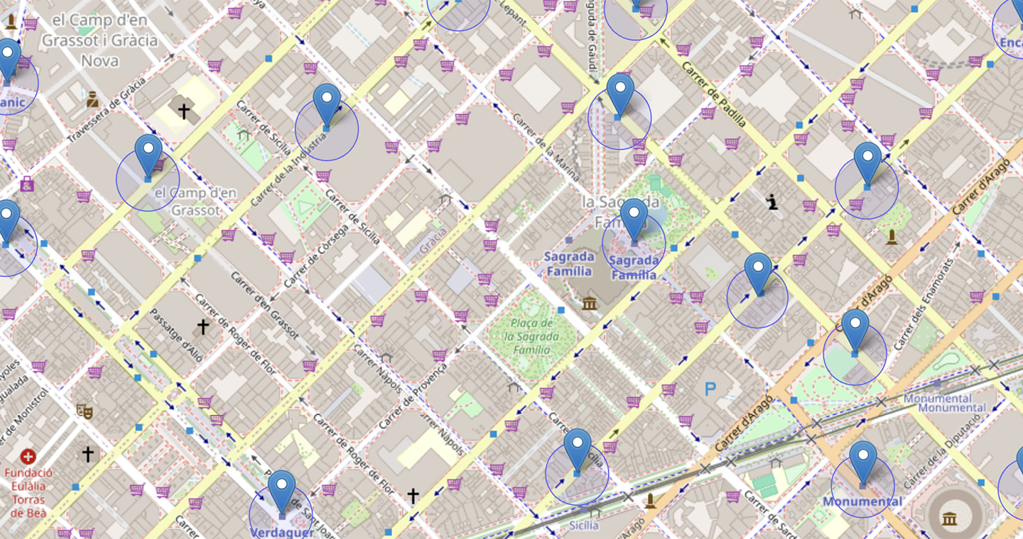 Vista del mapa de escaparates de Journamee en Barcelona, área de Sagrada Família y Gràcia